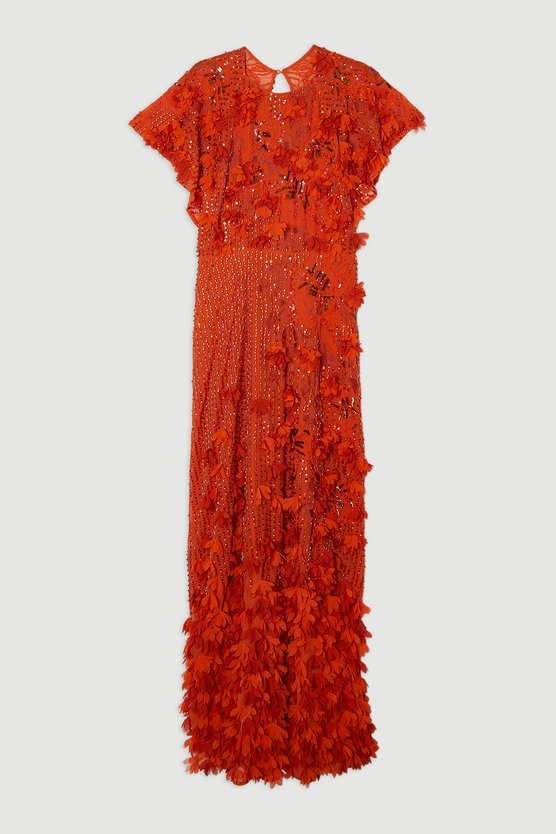 Karen Millen Tall Embroidery And Applique Angel Sleeve Woven Maxi Dress Orange