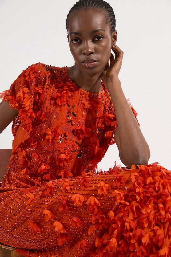 karen millen Tall Embroidery And Applique Angel Sleeve Woven Maxi Dress orange