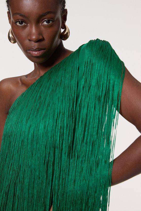 Karen Millen Tall Figure Form Bandage One Shoulder Fringe Mini Knit Dress Green