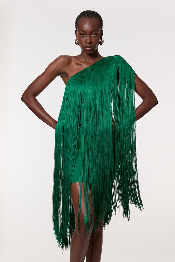 karen millen Tall Figure Form Bandage One Shoulder Fringe Mini Knit Dress green