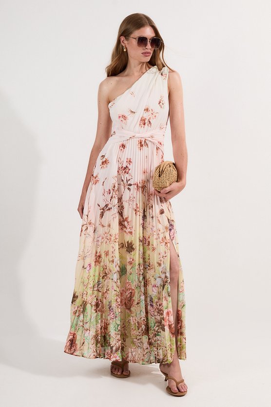 Karen Millen Tall Floral Pleated Crinkle Cut Out Woven Maxi Dress Ivory