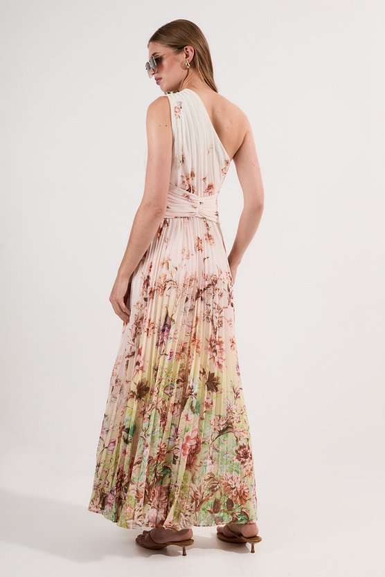 Karen Millen Tall Floral Pleated Crinkle Cut Out Woven Maxi Dress Ivory