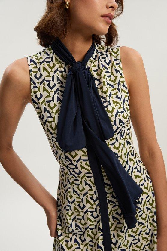 Karen Millen Tall Geo Print Crepe Tie Neck Mini Dress Mono