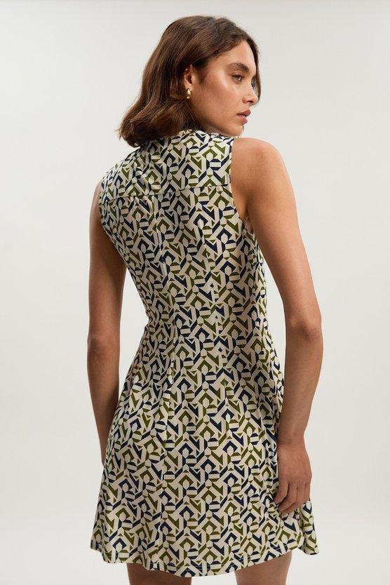 Karen Millen Tall Geo Print Crepe Tie Neck Mini Dress Mono