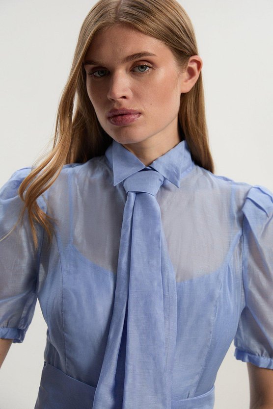 Karen Millen Tall Organdie Tie Neck Woven Midi Dress Light Blue