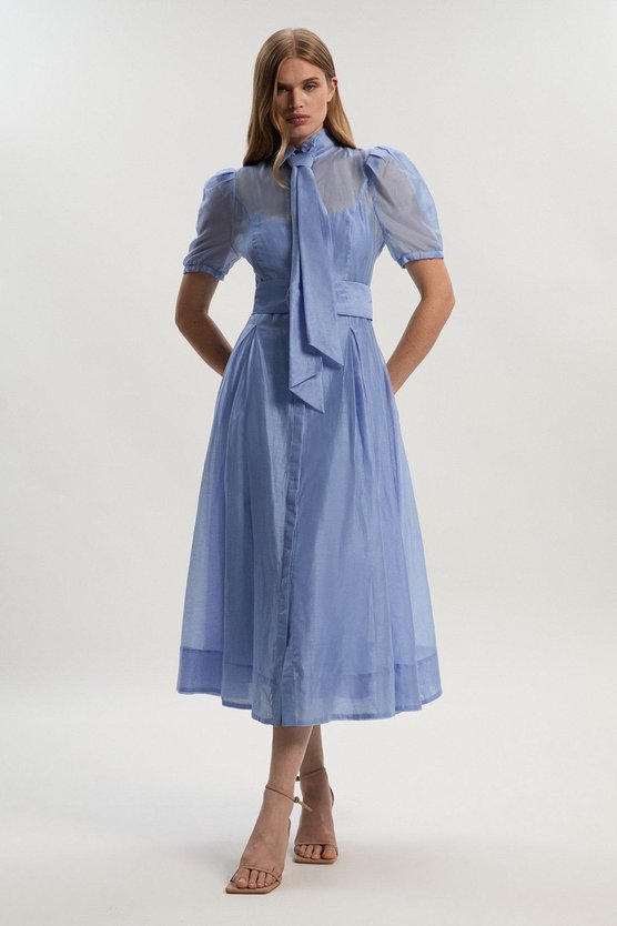 Karen Millen Tall Organdie Tie Neck Woven Midi Dress Light Blue
