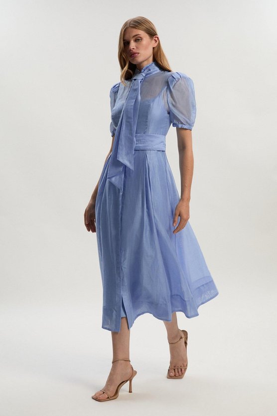 karen millen Tall Organdie Tie Neck Woven Midi Dress light blue