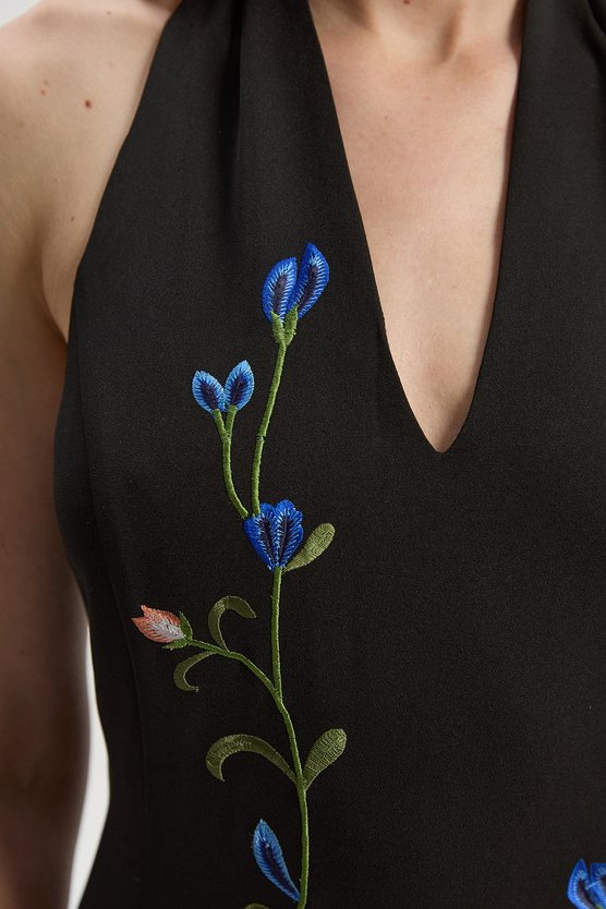 Karen Millen Tall Placed Floral Halter Embroidered Crepe Woven Maxi Dress Black