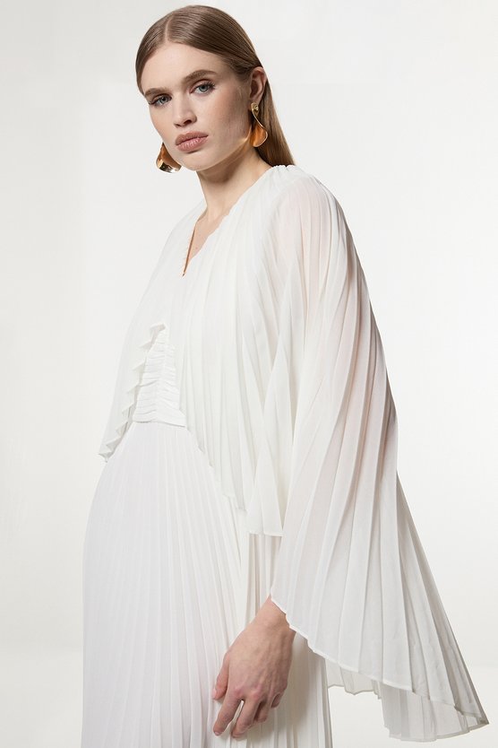 Karen Millen Tall Pleated Cape Sleeve Low Back Maxi Dress Cream