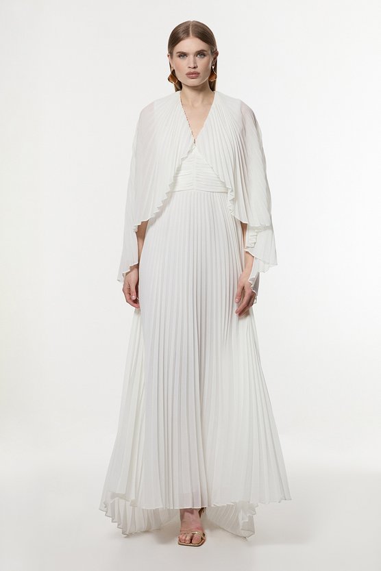 Karen Millen Tall Pleated Cape Sleeve Low Back Maxi Dress Cream