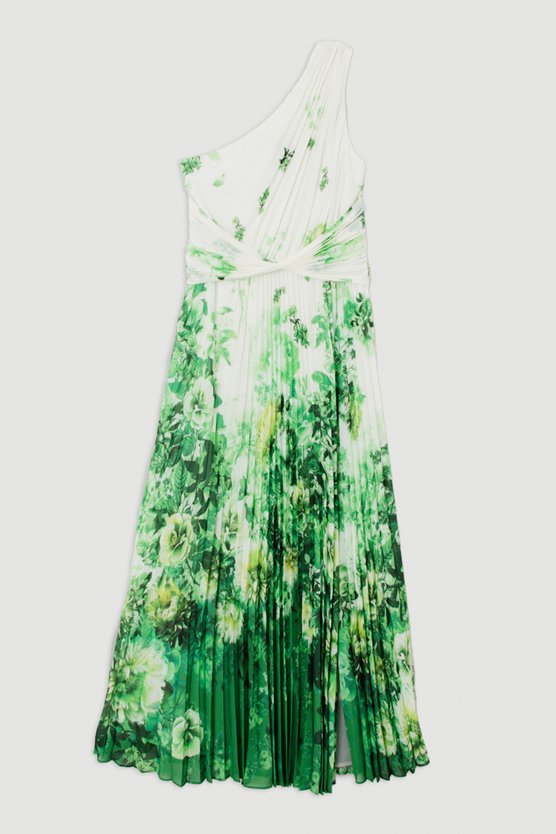 Karen Millen Tall Printed Pleated Yoryu Crinkle Woven Maxi Dress Green