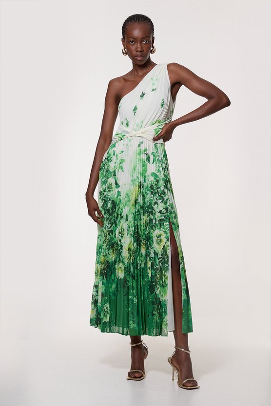 karen millen Tall Printed Pleated Yoryu Crinkle Woven Maxi Dress green