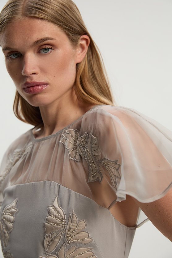 Karen Millen Tall Quilted Applique Organdie Angel Sleeve Woven Maxi Dress Silver