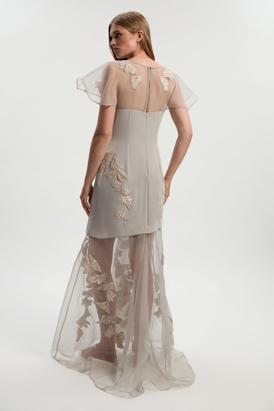 Karen Millen Tall Quilted Applique Organdie Angel Sleeve Woven Maxi Dress Silver