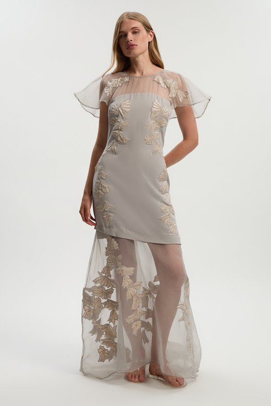 karen millen Tall Quilted Applique Organdie Angel Sleeve Woven Maxi Dress silver