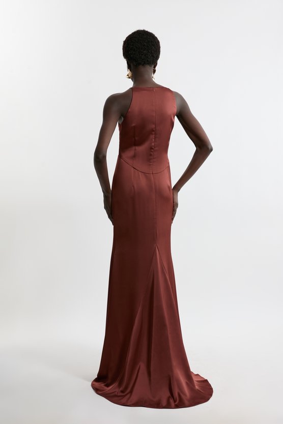 Karen Millen Tall Satin Back Crepe Long Sleeved Column Woven Maxi Dress Chocolate