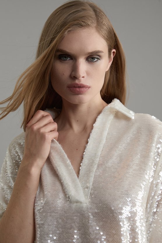 Karen Millen Tall Sequin Collard Woven Tunic Co-Ord Silver