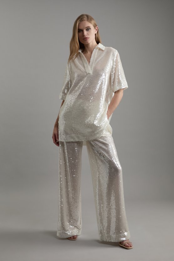 Karen Millen Tall Sequin Collard Woven Tunic Co-Ord Silver