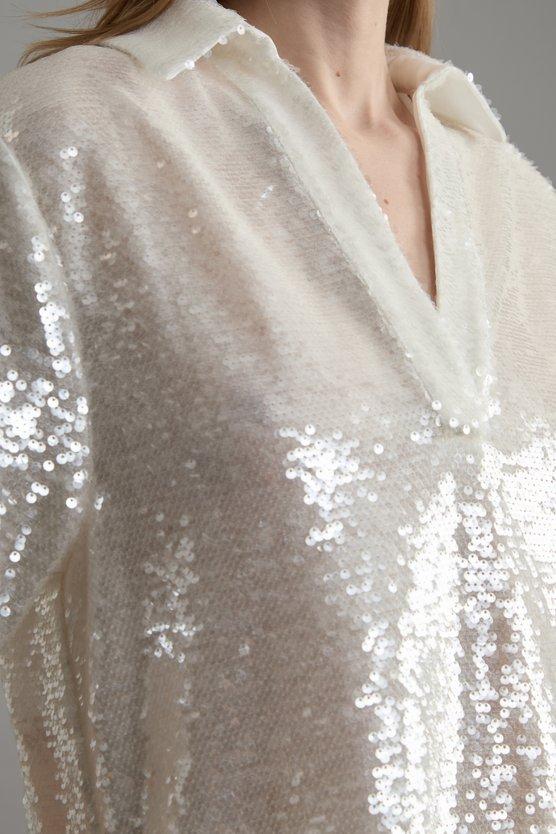 Karen Millen Tall Sequin Collard Woven Tunic Co-Ord Silver