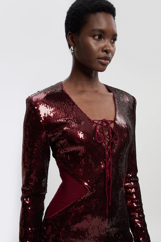 Karen Millen Tall Sequin Power Mesh Lace Up Mini Dress Burgundy