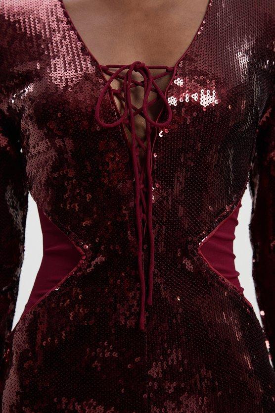 Karen Millen Tall Sequin Power Mesh Lace Up Mini Dress Burgundy
