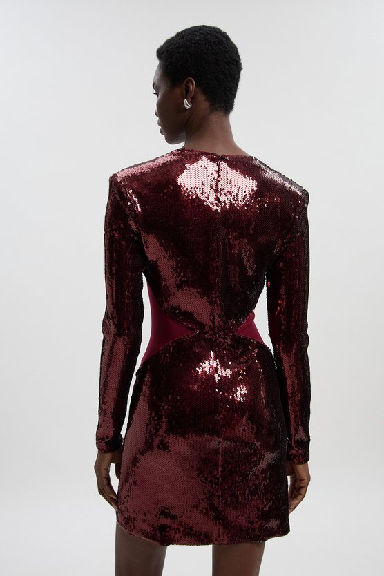 Karen Millen Tall Sequin Power Mesh Lace Up Mini Dress Burgundy