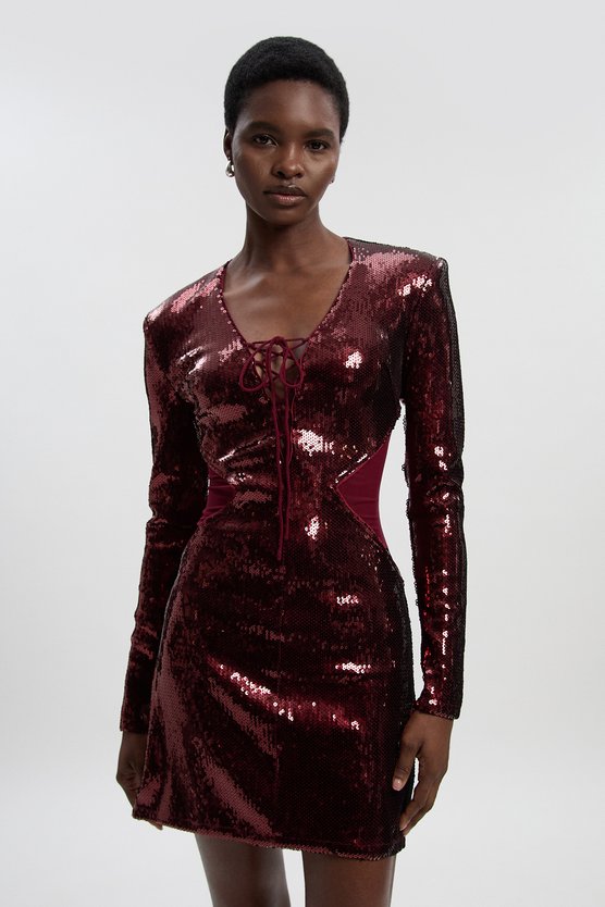 karen millen Tall Sequin Power Mesh Lace Up Mini Dress burgundy