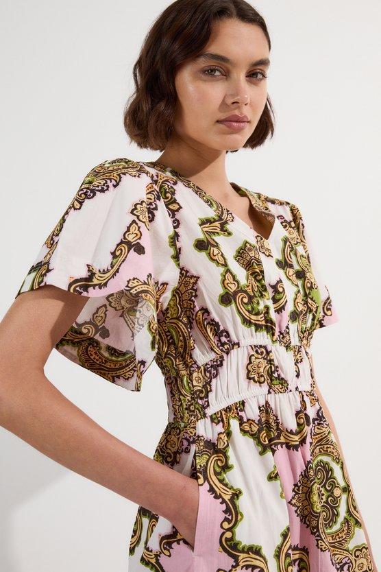 Karen Millen Tall Shirred Cotton Tiered Tile Print Woven Maxi Dress Multi