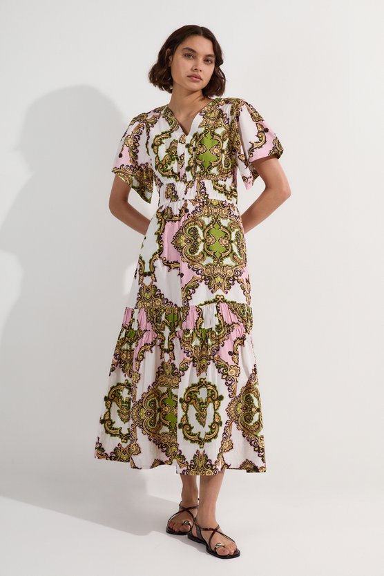 Karen Millen Tall Shirred Cotton Tiered Tile Print Woven Maxi Dress Multi