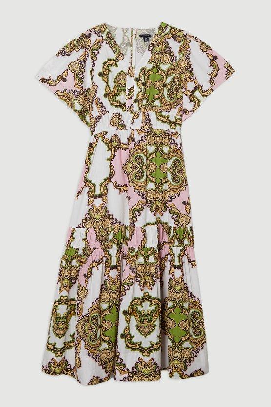 Karen Millen Tall Shirred Cotton Tiered Tile Print Woven Maxi Dress Multi