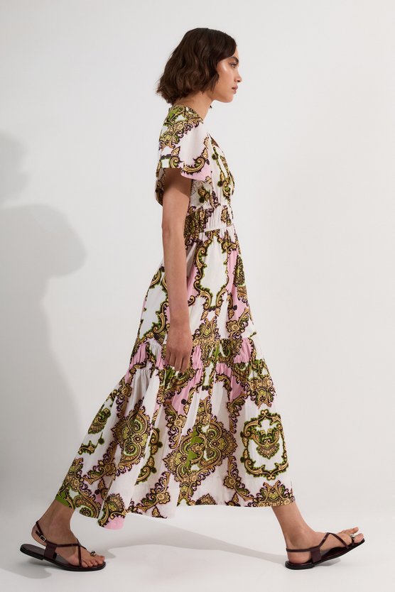 karen millen Tall Shirred Cotton Tiered Tile Print Woven Maxi Dress multi