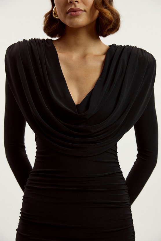 Karen Millen Tall Stretch Drapey Crepe Ruched Plunge Neck Long Sleeve Mini Dress Black
