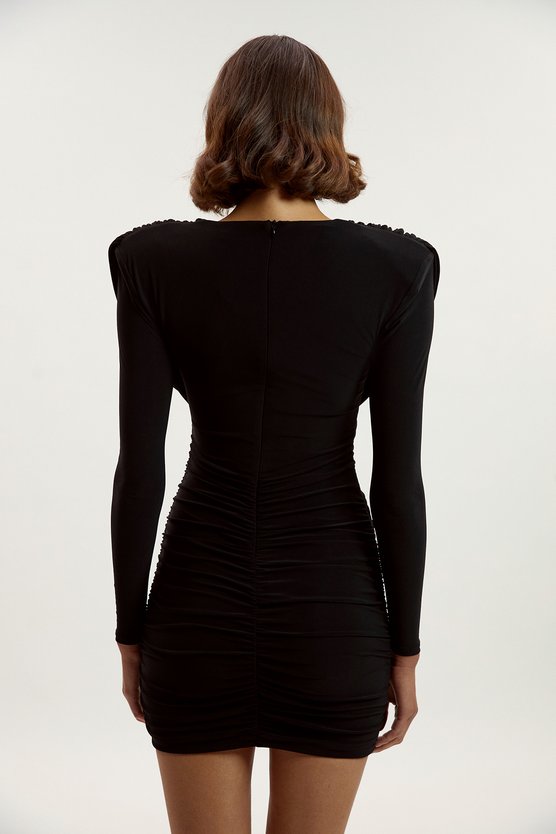 Karen Millen Tall Stretch Drapey Crepe Ruched Plunge Neck Long Sleeve Mini Dress Black