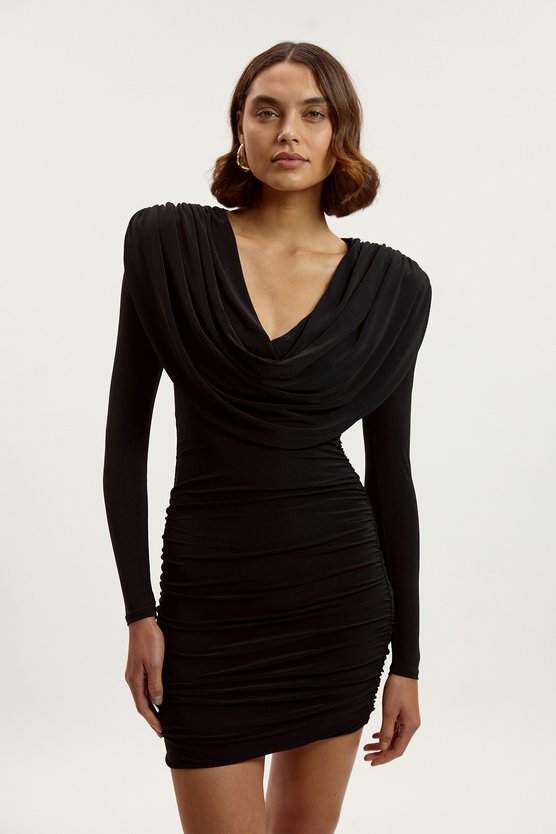 karen millen Tall Stretch Drapey Crepe Ruched Plunge Neck Long Sleeve Mini Dress black