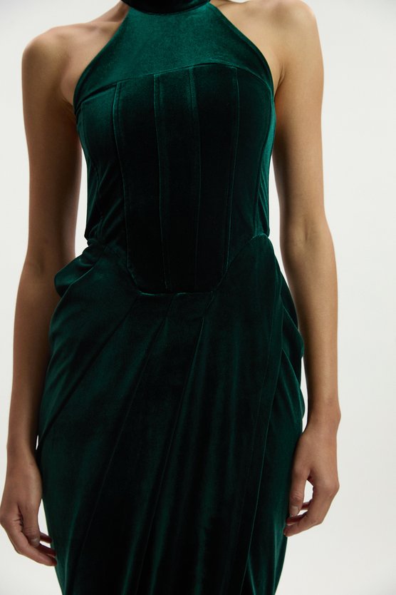 Karen Millen Tall Tailored Velvet Halter Neck Maxi Dress Forest