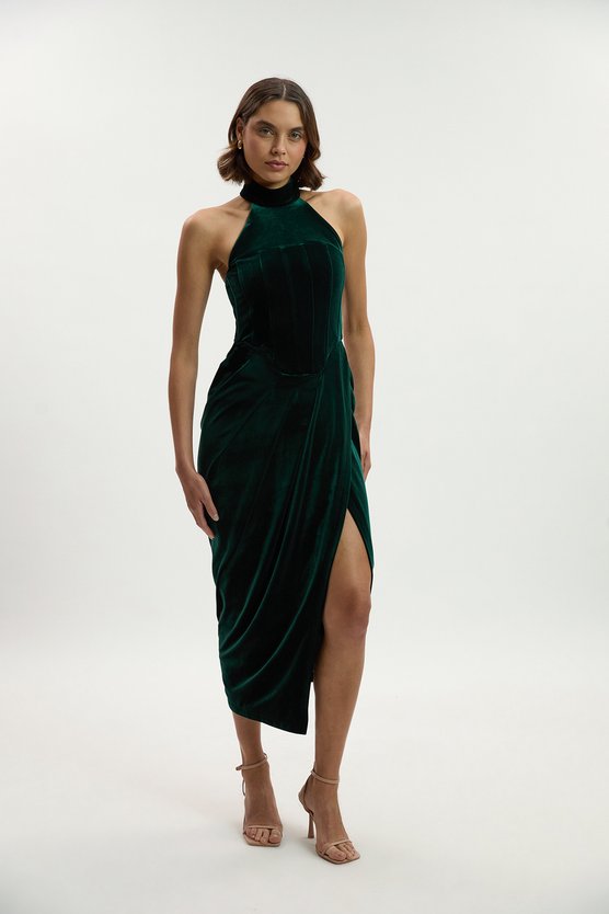 karen millen Tall Tailored Velvet Halter Neck Maxi Dress forest