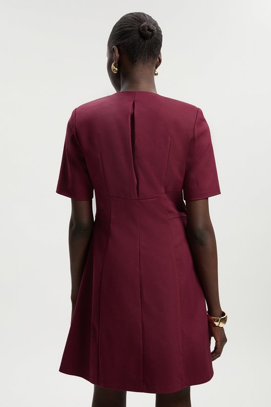 Karen Millen Tall Techno Cotton Short Sleeve Zip Detail Woven Mini Dress Burgundy