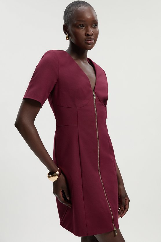 karen millen Tall Techno Cotton Short Sleeve Zip Detail Woven Mini Dress burgundy