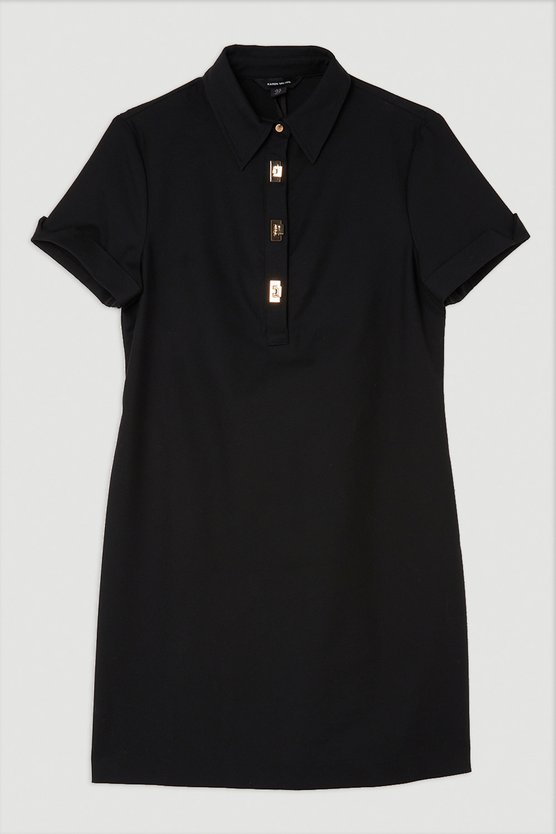 Karen Millen Tall Techno Cotton Woven Short Dress With Gold Clasps Black