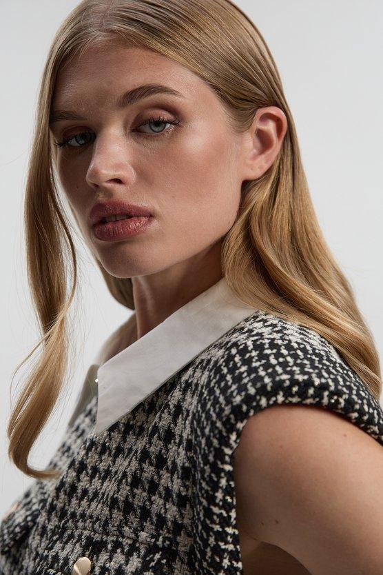 Karen Millen Tall Textured Tweed Contrast Collar Pleated Tailored Mini Dress Multi