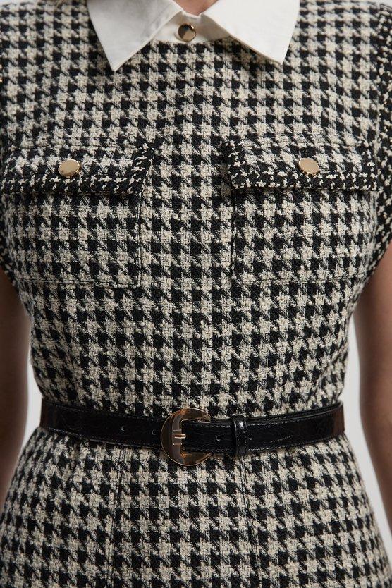 Karen Millen Tall Textured Tweed Contrast Collar Pleated Tailored Mini Dress Multi