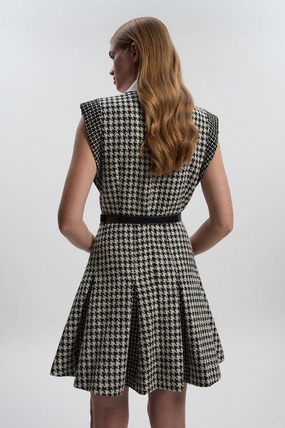 Karen Millen Tall Textured Tweed Contrast Collar Pleated Tailored Mini Dress Multi