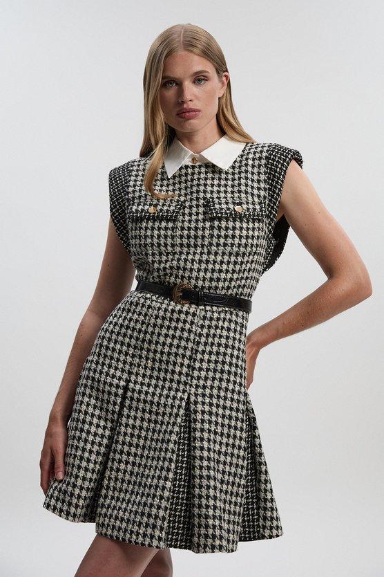 karen millen Tall Textured Tweed Contrast Collar Pleated Tailored Mini Dress multi