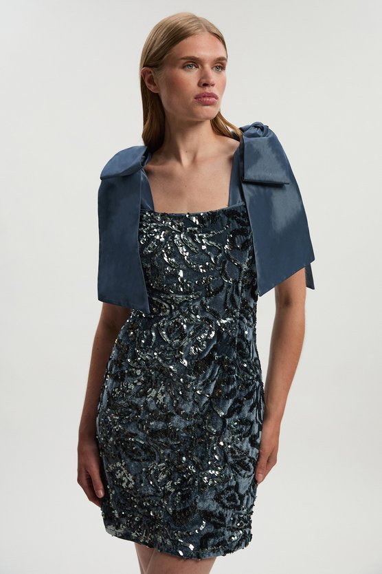 karen millen Tall Velvet Sequin Woven Mini Dress With Taffeta Bow Tie Detail silver