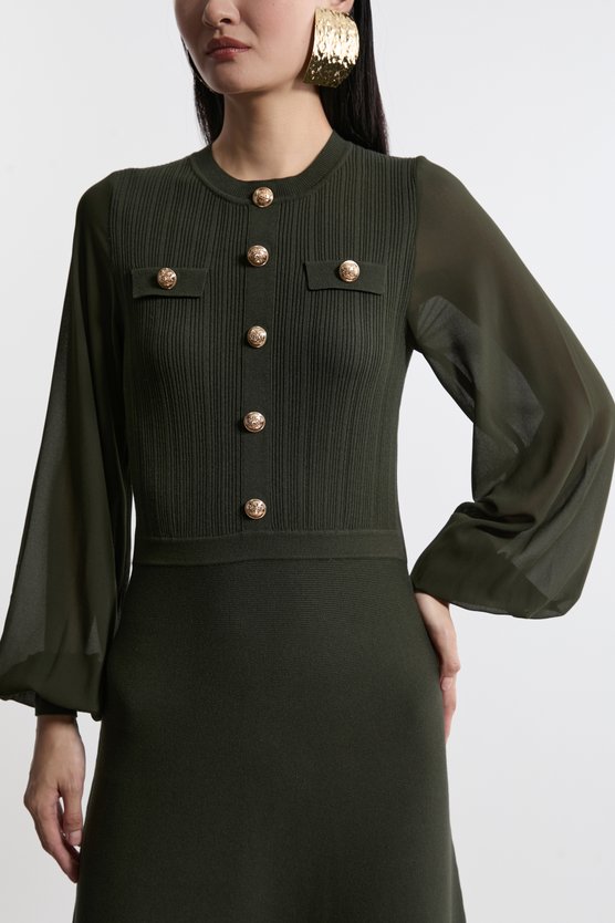 Karen Millen Tall Viscose Blend Maxi Knit Dress With Chiffon Sleeve Military Trim Olive