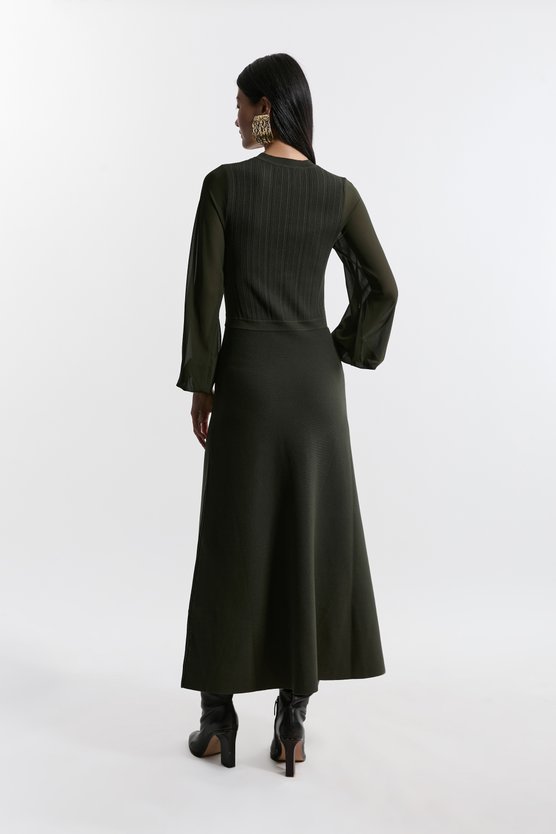 Karen Millen Tall Viscose Blend Maxi Knit Dress With Chiffon Sleeve Military Trim Olive