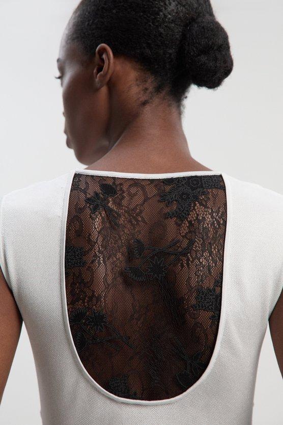 Karen Millen Tall Viscose Blend Slinky Sheer Lace Detail Knit Maxi Dress Cream