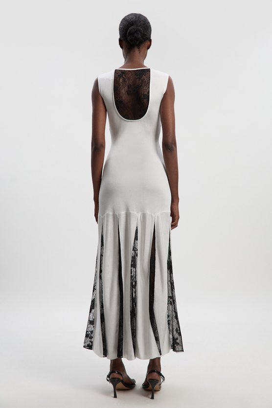 Karen Millen Tall Viscose Blend Slinky Sheer Lace Detail Knit Maxi Dress Cream