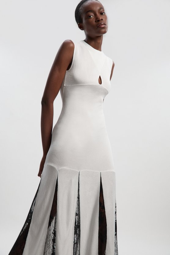 karen millen Tall Viscose Blend Slinky Sheer Lace Detail Knit Maxi Dress cream