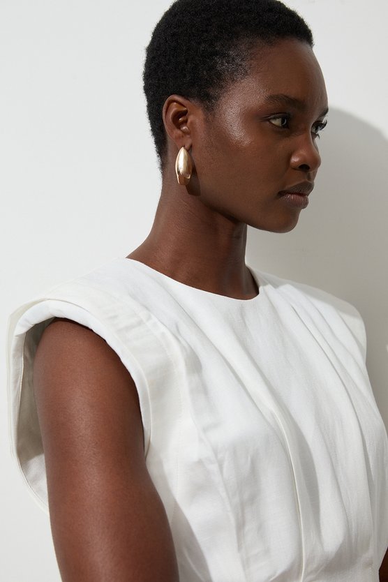 Karen Millen Tall Viscose Linen Woven Pintuck Midi Dress White